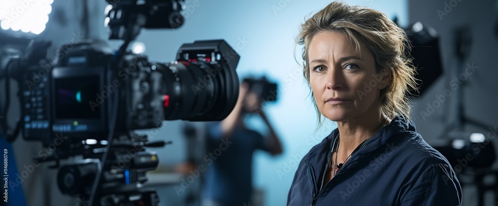 A woman stands confidently in front of a camera, ready for a shoot. A woman stands confidently in front of a camera, ready for a shoot.