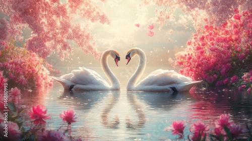 Fototapeta Naklejka Na Ścianę i Meble -  Two swans forming a heart shape in a serene pink blossom lake.