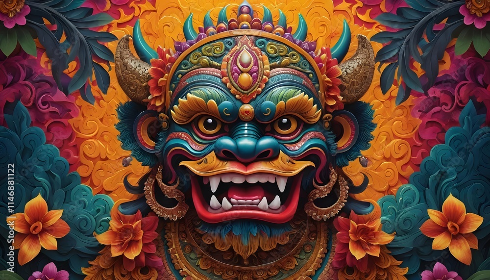 Vibrant Balinese Rangda Mask: A Digital Masterpiece Vibrant Balinese Rangda Mask: A Digital Masterpiece