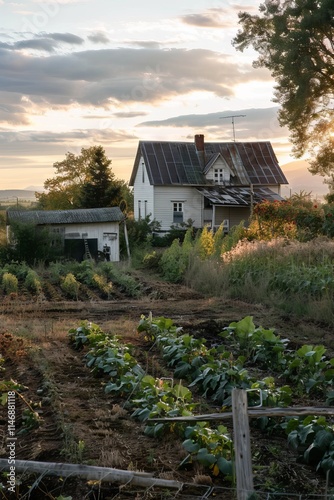 A house with a white roof and a chimney. The house is surrounded by a garden. The garden is full of vegetables and plants