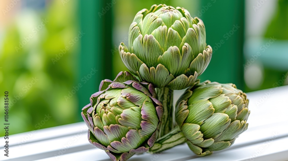 Fototapeta premium Three fresh artichokes on white surface.