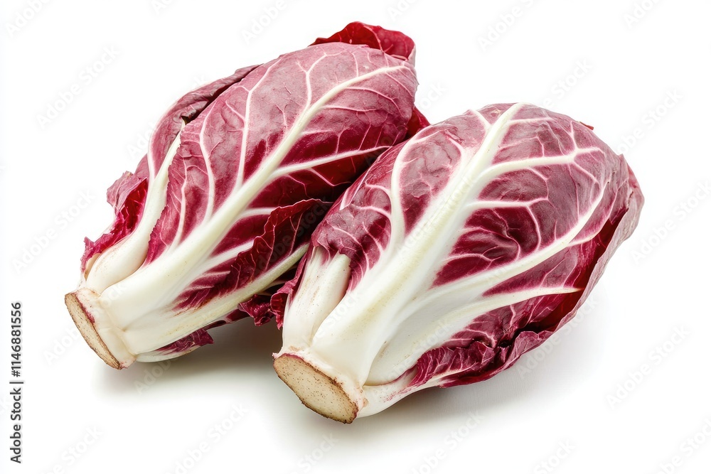 Fototapeta premium A pair of red and white radicchio heads, isolated on a white backdrop
