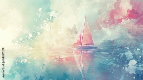 A nautical yacht with sails billowing in the wind glides across the blue ocean towards the horizon under a summer sky