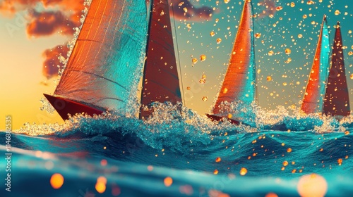 A whimsical vector illustration with a ship sailing 