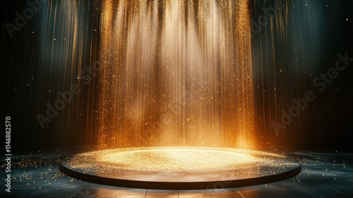 Ethereal gold light shower cascading in a darkened room photo