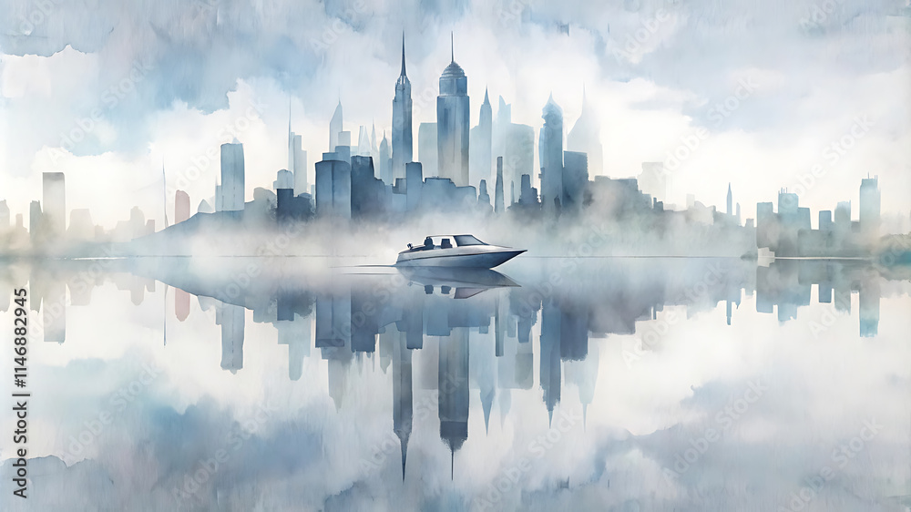 Fototapeta premium Abstract urban skyline mirrored in a speedboat's dynamic race blending art and velocity, illustration