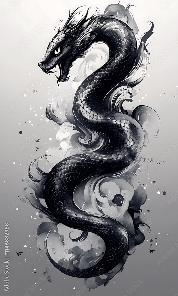 Obraz premium Black Snake Gliding Through White Clouds