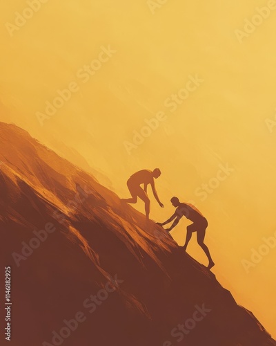 Silhouette of a lone woman walking towards the sunset on a desert mountain, enjoying the freedom of nature