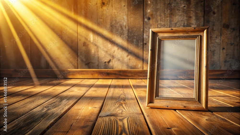 An empty wooden frame stands on a weathered wooden floor bathed in the warm glow of sunlight.