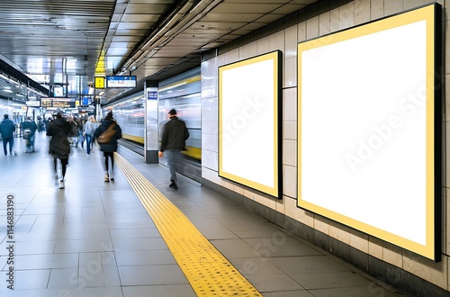 Front view two large, white, blank, empty A2 poster mockups in a frame, with people walking by at the subway station, and a blurry motion background.