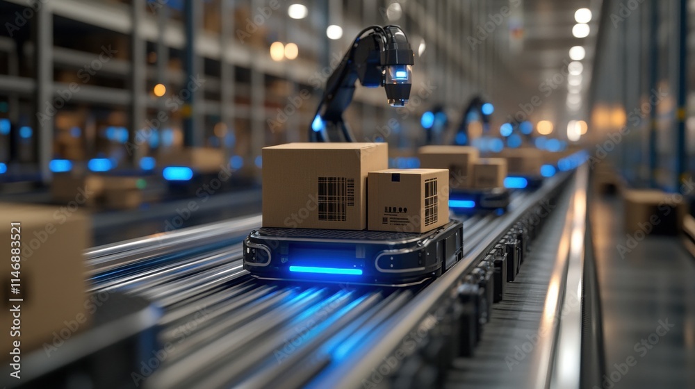 Fototapeta premium Automated warehouse with robotic arms and conveyor belts for efficient package handling