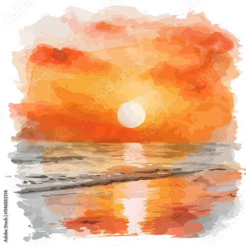 A watercolor clipart of a bright orange sunset over a quiet beach, isolated on a white background. Sunset beach vector.
