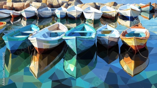 A vibrant 3D origami boat design with geometric diamond shapes, symbolizing a new celebration, floats on a sea of blue, reflecting the crystal-clear water 