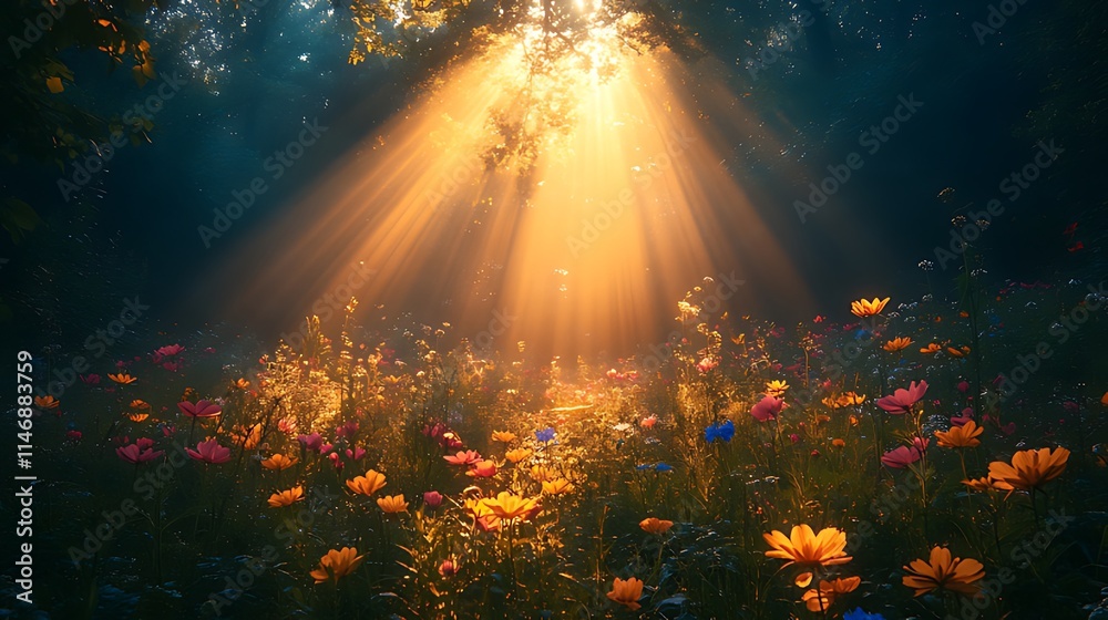 Sunbeams illuminating a vibrant wildflower meadow in a dark forest. Sunbeams illuminating a vibrant wildflower meadow in a dark forest.