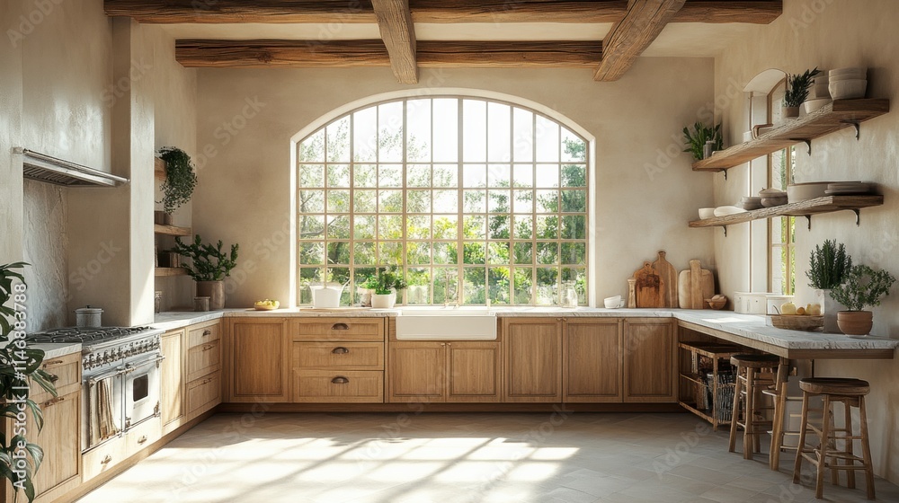 Rustic modern kitchen with large window and wooden accents in sunlit room Rustic modern kitchen with large window and wooden accents in sunlit room