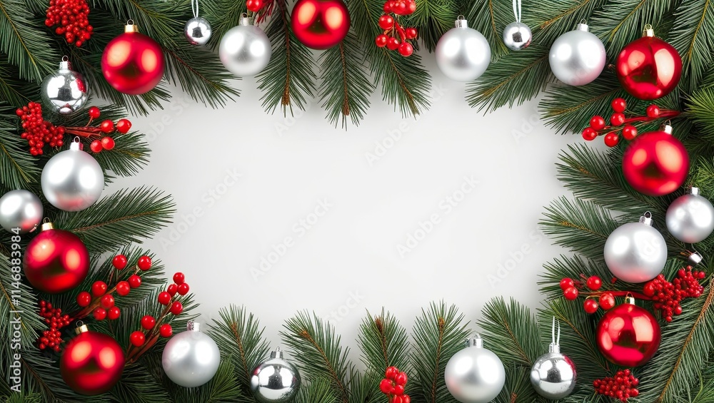 A border of pine branches, red berries, and a variety of red, white, and silver Christmas ornaments make up this festive holiday decoration. The ornaments are suspended from the top
