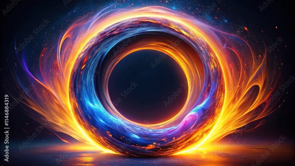 A fiery ring of energy with swirling blue and orange hues, illuminated by sparkling particles, creating a captivating cosmic portal A fiery ring of energy with swirling blue and orange hues, illuminated by sparkling particles, creating a captivating cosmic portal