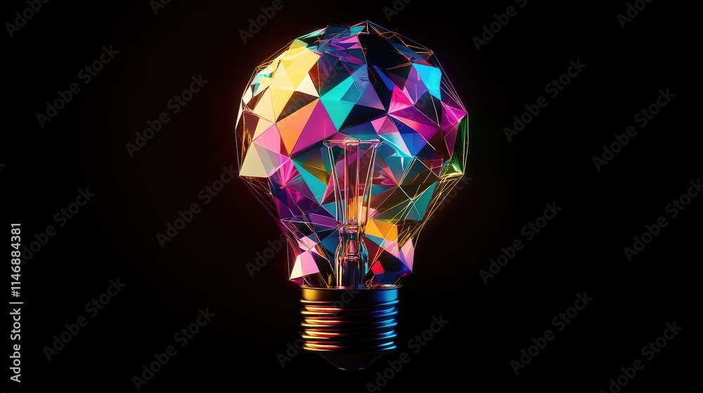 Colorful low-poly lightbulb on black background.