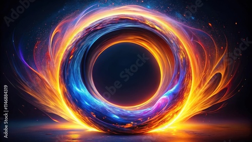 A fiery ring of energy with swirling blue and orange hues, illuminated by sparkling particles, creating a captivating cosmic portal