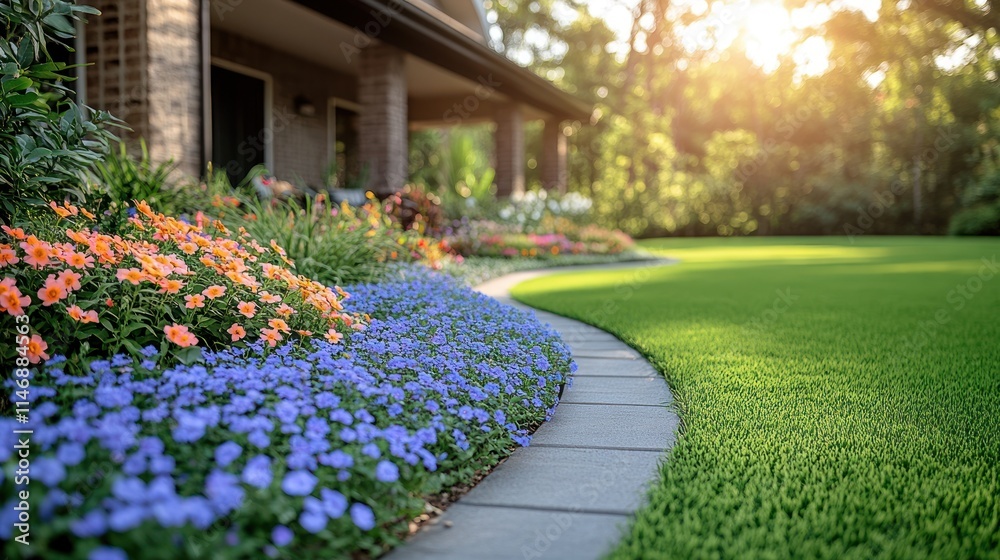 Fototapeta premium Lush garden path by house.