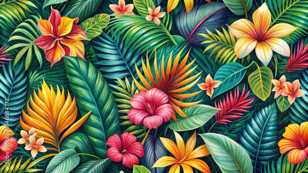A vibrant tropical paradise with a lush tapestry of verdant foliage, bursting with a spectrum of colorful blooms in a seamless, intricate pattern. A vibrant tropical paradise with a lush tapestry of verdant foliage, bursting with a spectrum of colorful blooms in a seamless, intricate pattern.