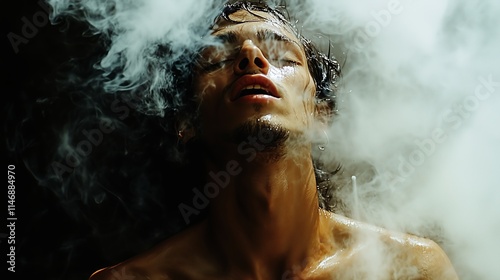 ramatic Portrait of a Man Emerging from Thick Smoke photo