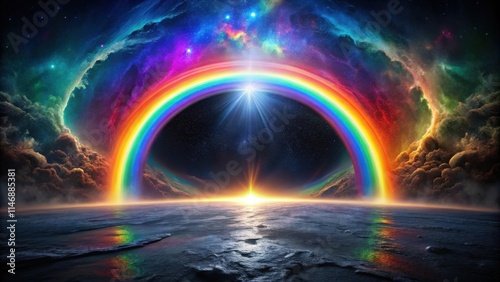A celestial rainbow arches over a distant planet, reflecting in the tranquil waters of an alien sea.