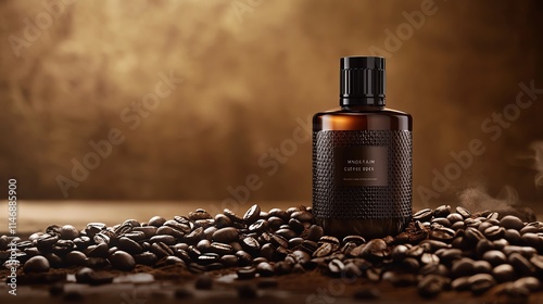 A rich, aromatic coffee essence bottle surrounded by coffee beans. photo