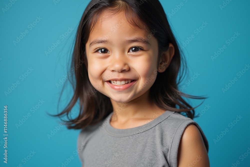 Brighten Your Collection with a Charming Portrait of a Young Girl Smiling Against a Vibrant Blue Background, Perfect for Children's Media or Family Portraits. Brighten Your Collection with a Charming Portrait of a Young Girl Smiling Against a Vibrant Blue Background, Perfect for Children's Media or Family Portraits.