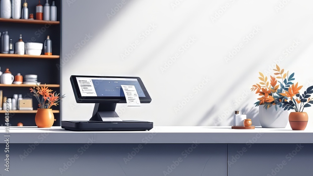 Modern POS terminal, sleek design, printing a detailed receipt. Modern POS terminal, sleek design, printing a detailed receipt.