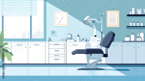 Wallpaper Mural Modern clinic interior with examination chair, equipment, and city view. Torontodigital.ca