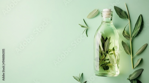 Bottle of herbal oil with green leaves on light background. photo