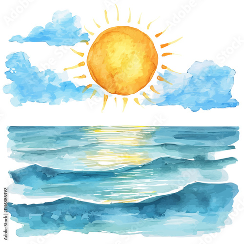 A watercolor vector of the bright summer sun shining over the ocean, isolated on a white background. Summer sun ocean vector.
