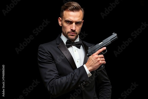 Elegant Man in Tuxedo Holding Gun - Perfect for Advertising, Promotions, and James Bond Themed Events. photo