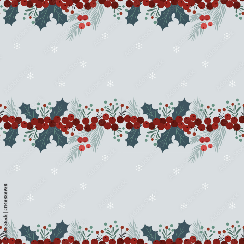 Christmas pattern with christmas flowers with red berries, snowflakes on a blue background. Seamless background perfect for use in textiles, wallpapers, and festive decorations. Christmas pattern with christmas flowers with red berries, snowflakes on a blue background. Seamless background perfect for use in textiles, wallpapers, and festive decorations.