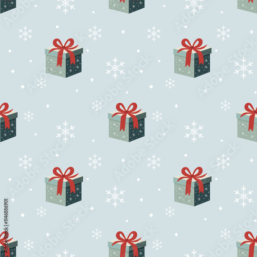 Christmas pattern with snowflakes, gifts on a blue background. Seamless background perfect for use in textiles, wallpapers, and festive decorations.