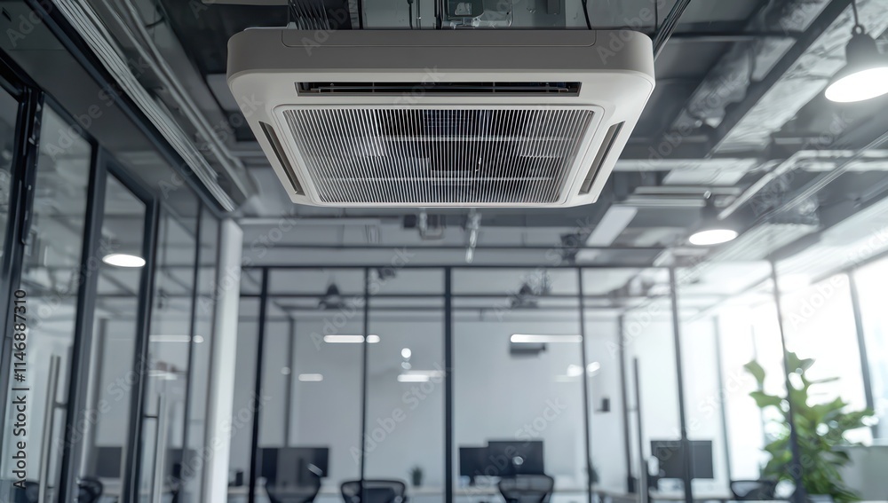 Close-up of a sleek ceiling-mounted air conditioner in a tech startup office, surrounded by smart glass walls and minimalist decor, emphasizing energy efficiency Close-up of a sleek ceiling-mounted air conditioner in a tech startup office, surrounded by smart glass walls and minimalist decor, emphasizing energy efficiency