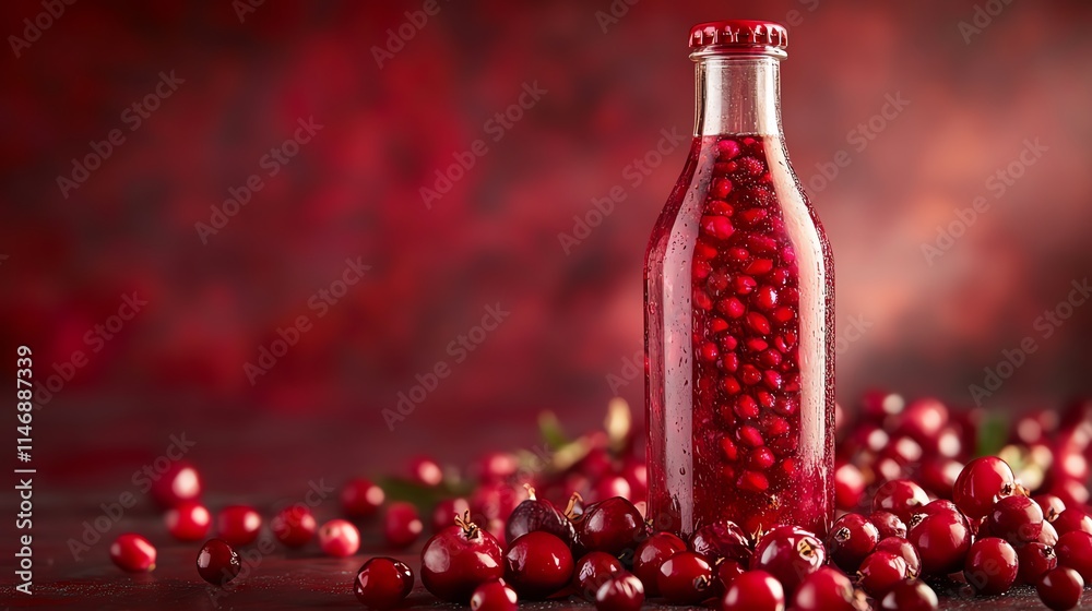 Cranberry drink in a glass bottle with fresh cranberries around.