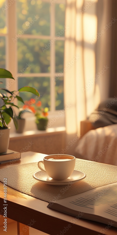 Warm sunlight illuminates a coffee cup and open book on a wooden table, creating a cozy and inviting atmosphere. Warm sunlight illuminates a coffee cup and open book on a wooden table, creating a cozy and inviting atmosphere.