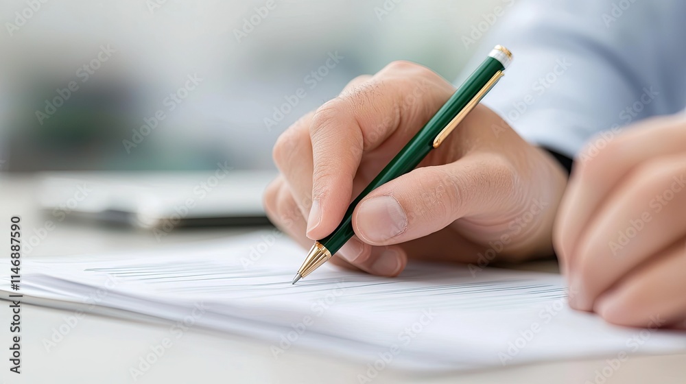 Hand Holding Pen Writing on Document Close Up Hand Holding Pen Writing on Document Close Up