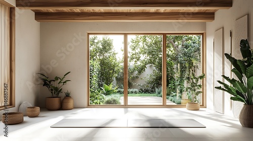 Modern yoga studio with plants and wooden accents, large windows showcasing a garden view, minimalist decor, beige walls, white floor tiles, a yoga mat on the ground, wooden ceiling beams, and natural