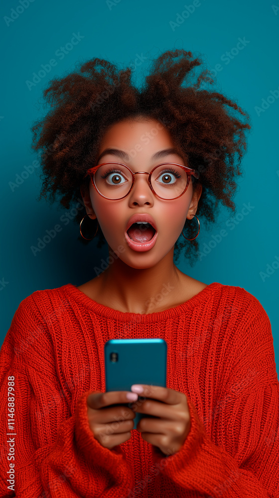 A woman wearing red jersey, glasses and holding a cell phone. She has an open mouth and is looking at the camera A woman wearing red jersey, glasses and holding a cell phone. She has an open mouth and is looking at the camera