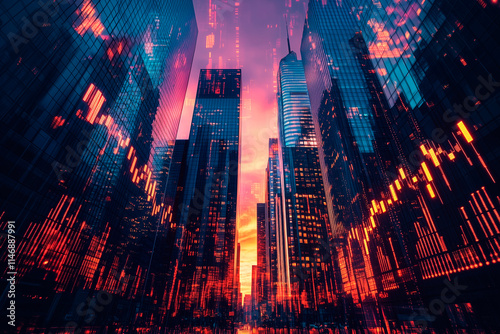 A city skyline with a sunset in the background. The buildings are lit up with neon lights as financial charts. The sky is orange and pink