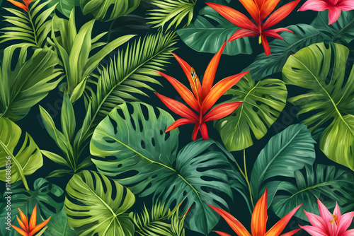 Tropical seamless pattern with exotic flowers and lush green leaves flourishing on dark background
