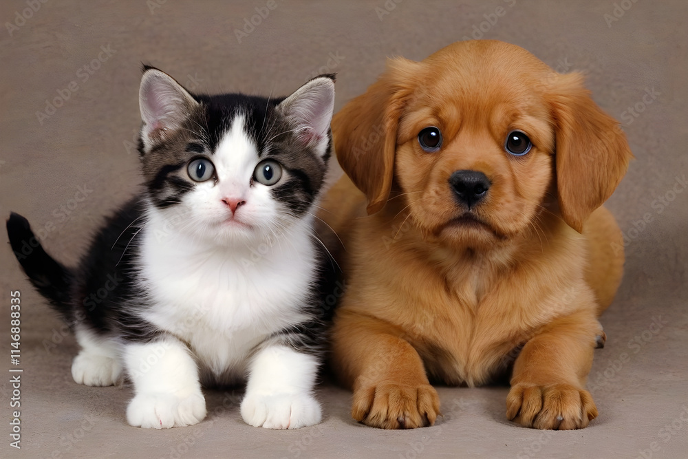 Fototapeta premium Adorable kitten and puppy posing together on brown background