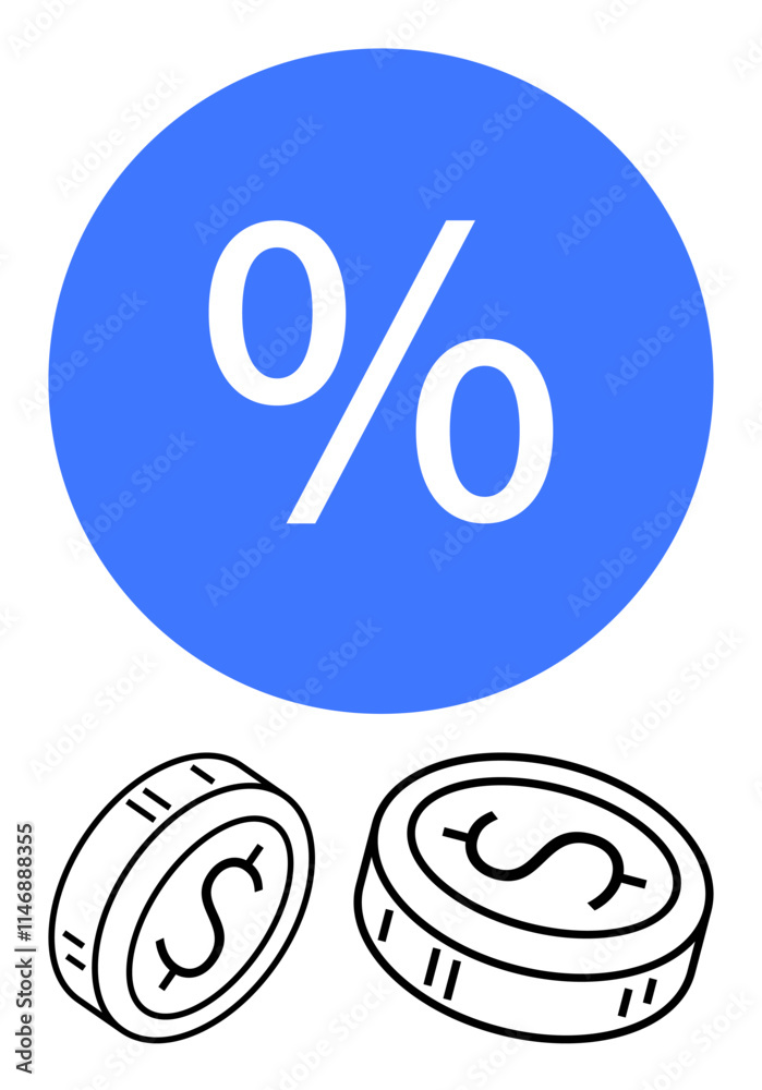 Two dollar coins under a large blue circle with a white percentage symbol. Ideal for financial planning, investment strategies, economic analysis, interest rates, savings promotion, banking services Two dollar coins under a large blue circle with a white percentage symbol. Ideal for financial planning, investment strategies, economic analysis, interest rates, savings promotion, banking services