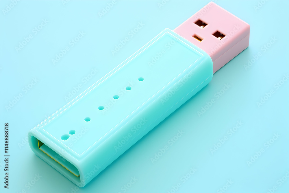 A colorful USB flash drive with a mint green and pink design on a light blue background. A colorful USB flash drive with a mint green and pink design on a light blue background.