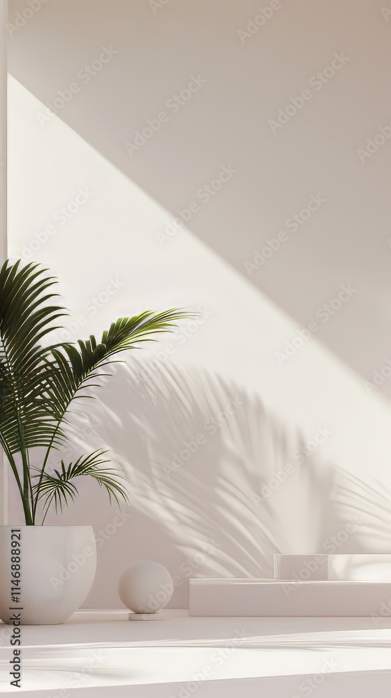 A white wall with a plant in a white pot. The plant is a palm tree. There are two white balls on the floor A white wall with a plant in a white pot. The plant is a palm tree. There are two white balls on the floor