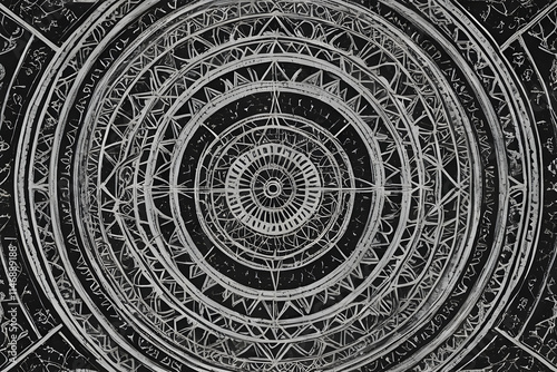 Intricate esoteric mandala illustrating occult symbolism in monochrome palette