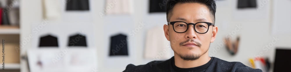 A man wearing glasses is standing in front of a wall of clothes. He is wearing a black shirt and he is posing for a photo A man wearing glasses is standing in front of a wall of clothes. He is wearing a black shirt and he is posing for a photo